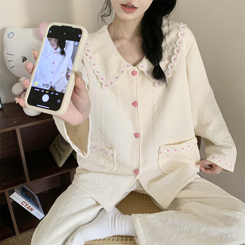 加厚空气棉夹层睡衣女冬季套装
