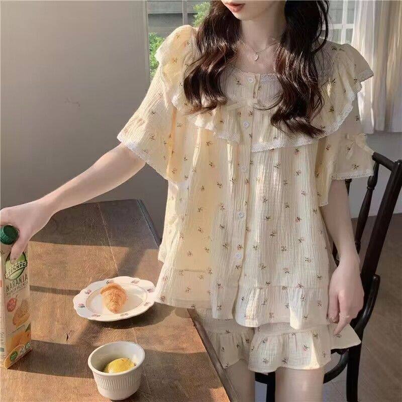 日系ins皱布睡衣女夏季甜美可爱小碎花荷叶边短袖短裤套装家居服