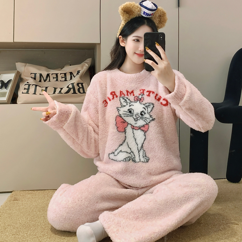 可爱卡通猫咪睡衣女款半边绒套装
