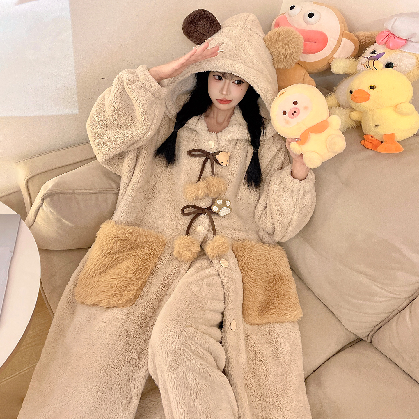 珊瑚绒睡衣女秋冬季加厚可爱卡通