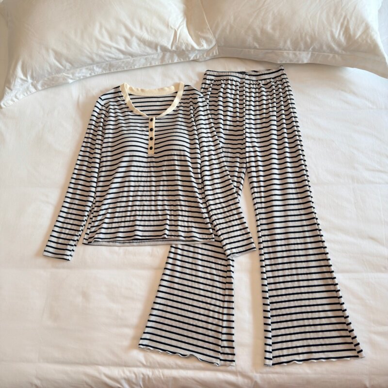 带胸垫韩系条纹睡衣女春秋季纯棉长袖可爱可外穿高级感家居服套装