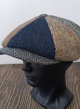 新款哈里斯拼接八角帽Harris羊毛粗花呢时尚复古个性男女报童帽子