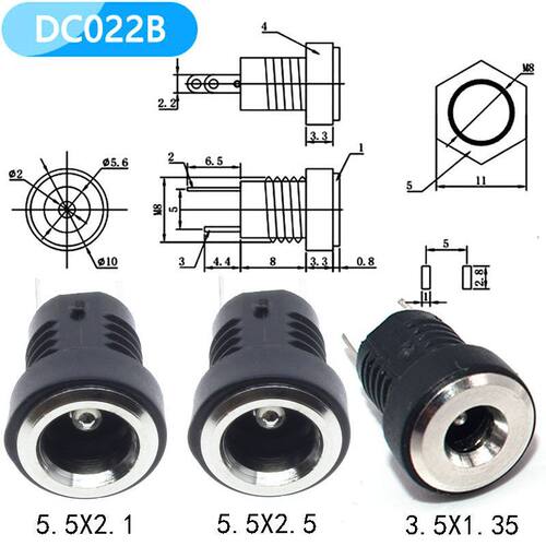 DC022B DC电源插座 5.5*2.1/2.5MM 圆孔带螺母 2脚焊线DC母座直流