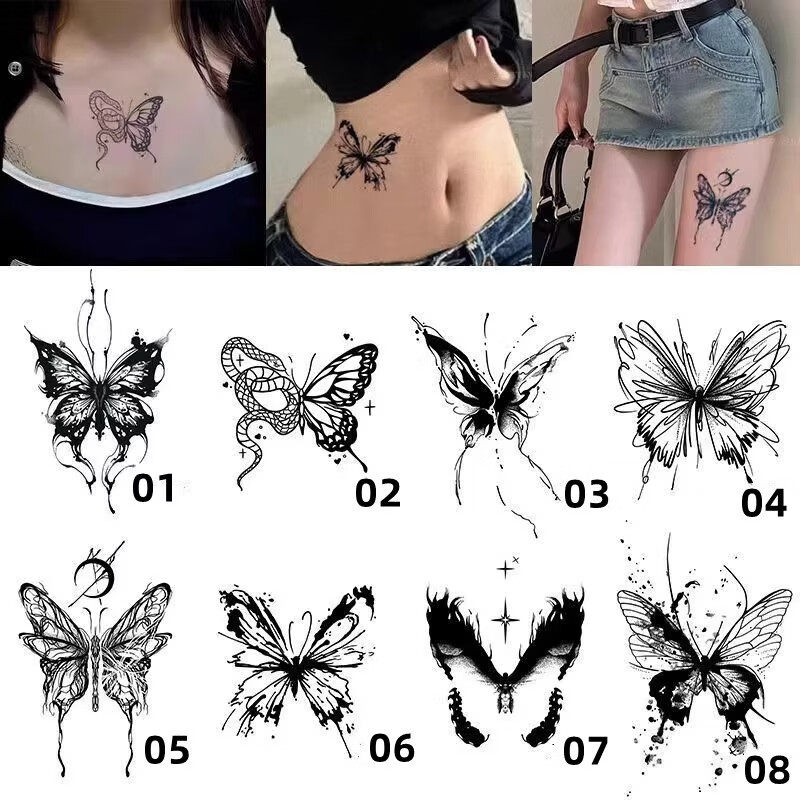 月亮蝴蝶草本果汁纹身贴防水女持久果汁久贴纸遮盖疤痕刺青