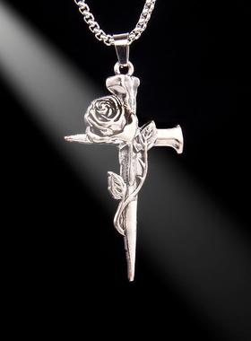 简约新款复古玫瑰花十字架项链男女小众设计百搭不锈钢气质挂链潮