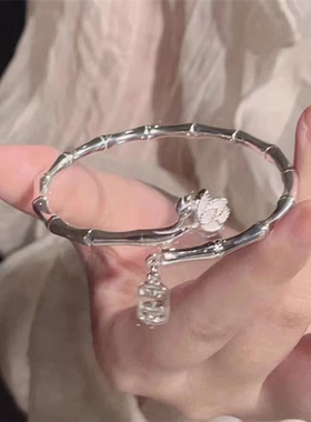 竹节手镯女报平安吊坠莲花开口个百搭闺蜜手链