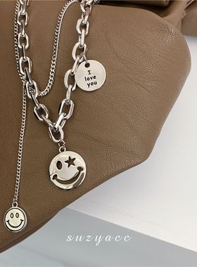 韩国笑脸吊坠项链女欧洲站链条颈链ins年新款时尚个锁骨链