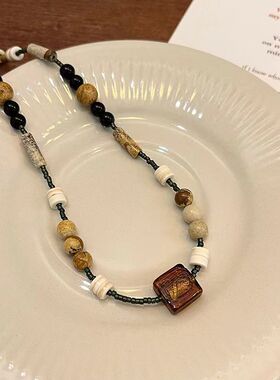 新中式复古串珠方块项链女小众高级设计感民族风叠戴蝴蝶吊坠锁骨