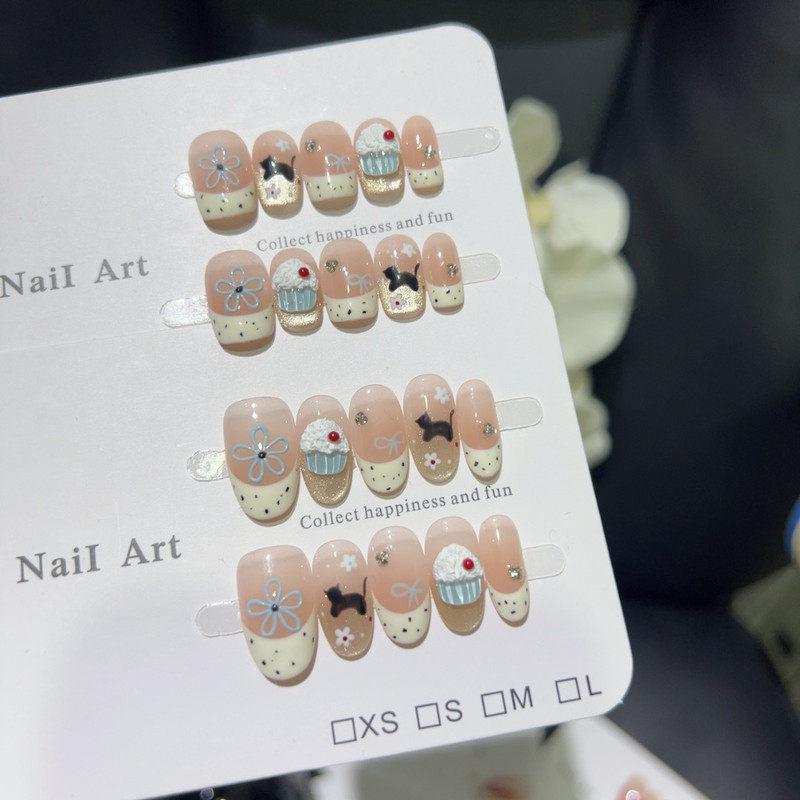 夏季少女可爱短款花猫冰淇淋蛋糕蝴蝶结卡通立体纯手工穿戴甲贴片,彩妆/香水/美妆工具,穿戴甲/甲片,淘宝优惠券,粉丝福利购,淘宝优惠卷