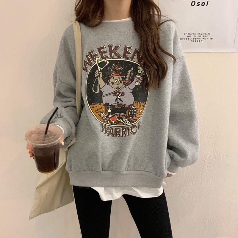 假两件加绒卫衣女2025秋冬新款宽松韩版卡通学生上衣女装一件代发