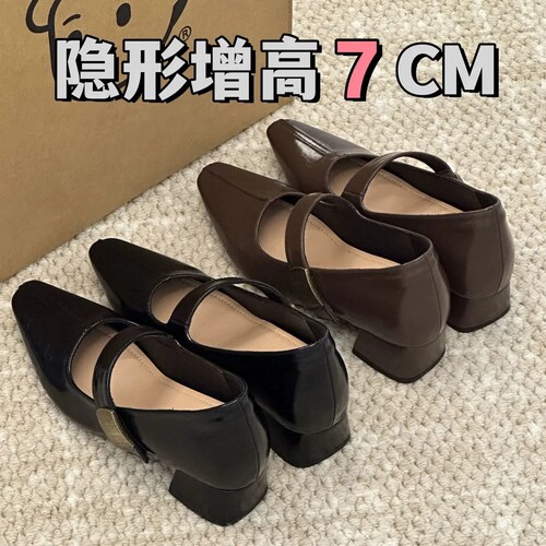 法式内增高7CM小个子玛丽珍高跟鞋女2026新款一字带粗跟单鞋子