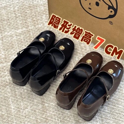 小个子法式百搭浅口山茶花玛丽珍鞋女内增高7cm复古方头粗跟单鞋