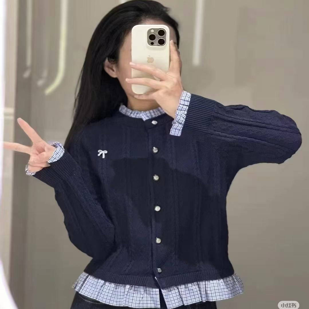 修身立领假两件针织开衫女