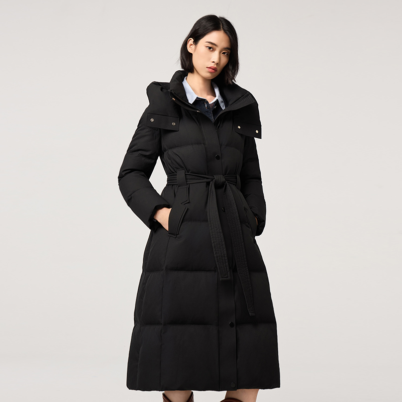 羽绒服冬季女款2025时尚连帽系带收腰高级感加厚中长款白鸭绒外套