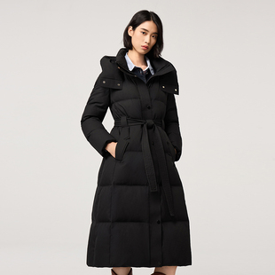 羽绒服冬季女款2025时尚连帽系带收腰高级感加厚中长款白鸭绒外套