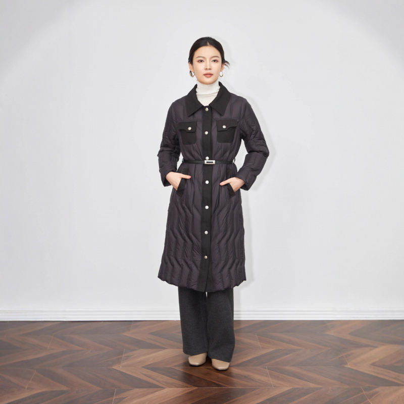 轻奢90白鹅绒修身显瘦腰带过膝长款羽绒服外套防风保暖女