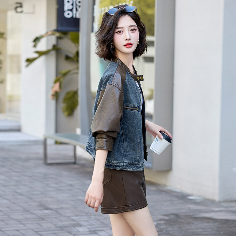牛仔拼接皮衣外套女2025春秋新款简约圆领休闲洋气小个子PU皮夹克