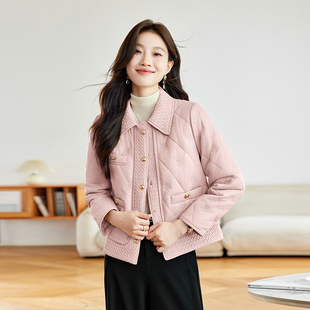 粉色短款棉服女款2026新款轻薄时尚拼接翻领刺绣宽松显瘦夹棉外套