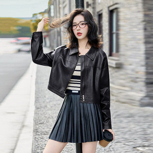 2025新款 高级感皮衣女款 春秋小个子港风复古翻领PU机车皮夹克外套