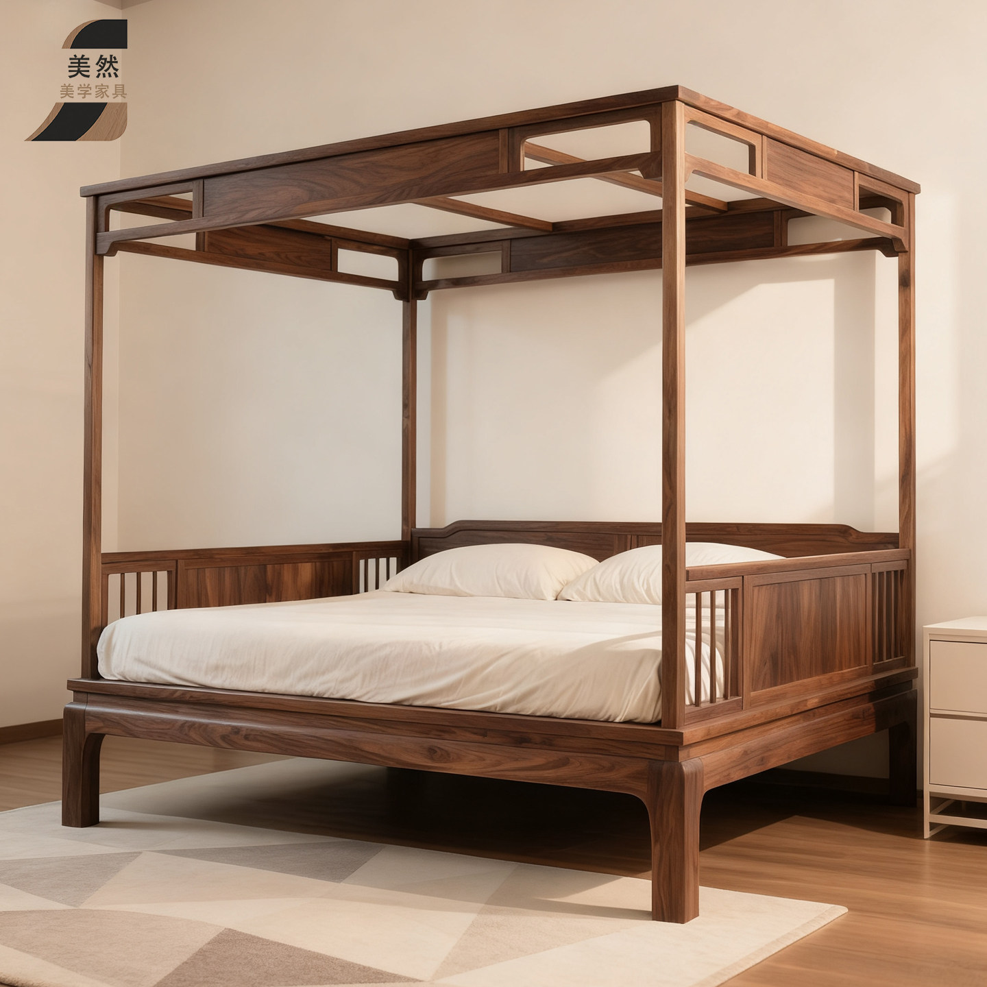 北美黑胡桃木中式千工古典拔步床架子床古代禅意落地四柱双人床