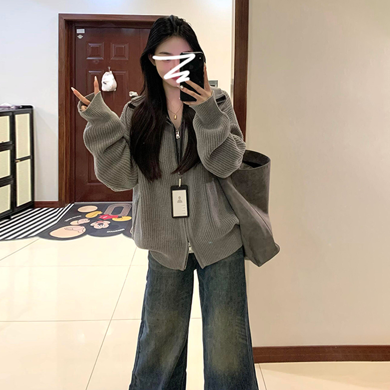 慵懒风早秋穿搭灰色毛衣针织开衫女2025新款休闲百搭宽松拉链外套