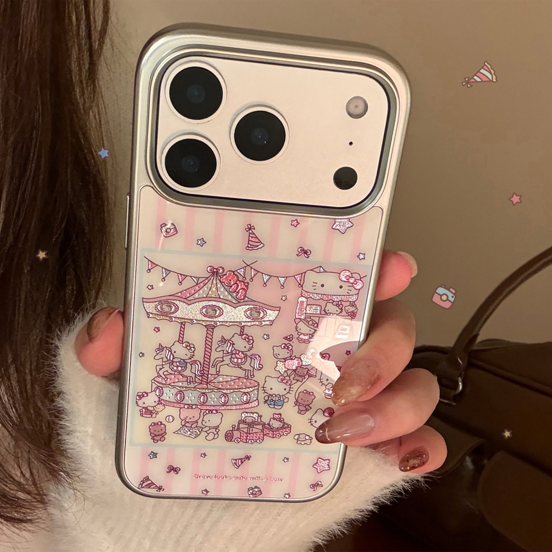 鎏金粉条纹凯蒂猫咪手机保护壳