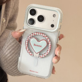 iPhone17promax大孔镜头16pm高级感11女款 个性 简约蓝色条纹适用苹果17磁吸手机壳新款 15PM爱心磁吸支架手机壳