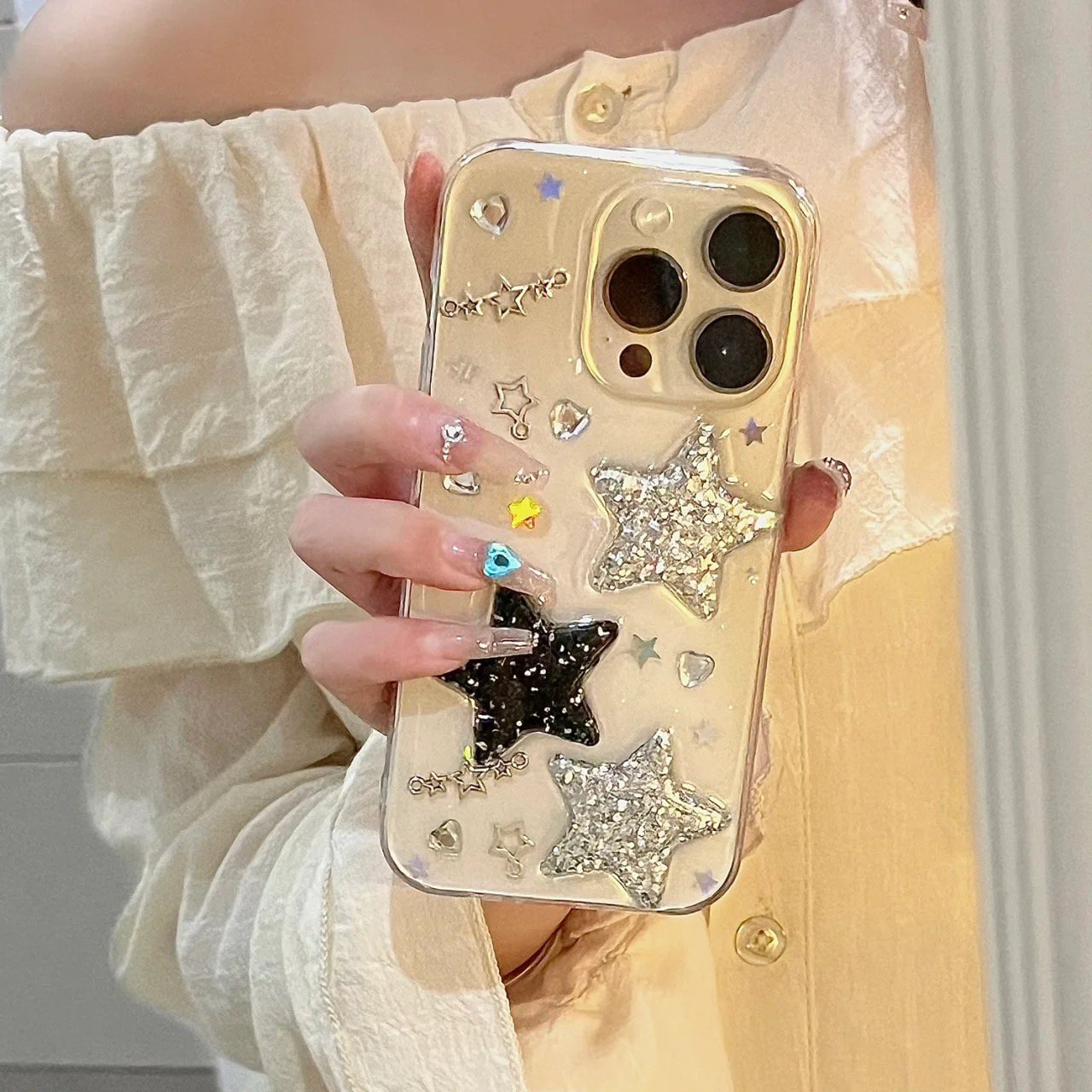高级滴胶立体闪粉星星苹果手机壳