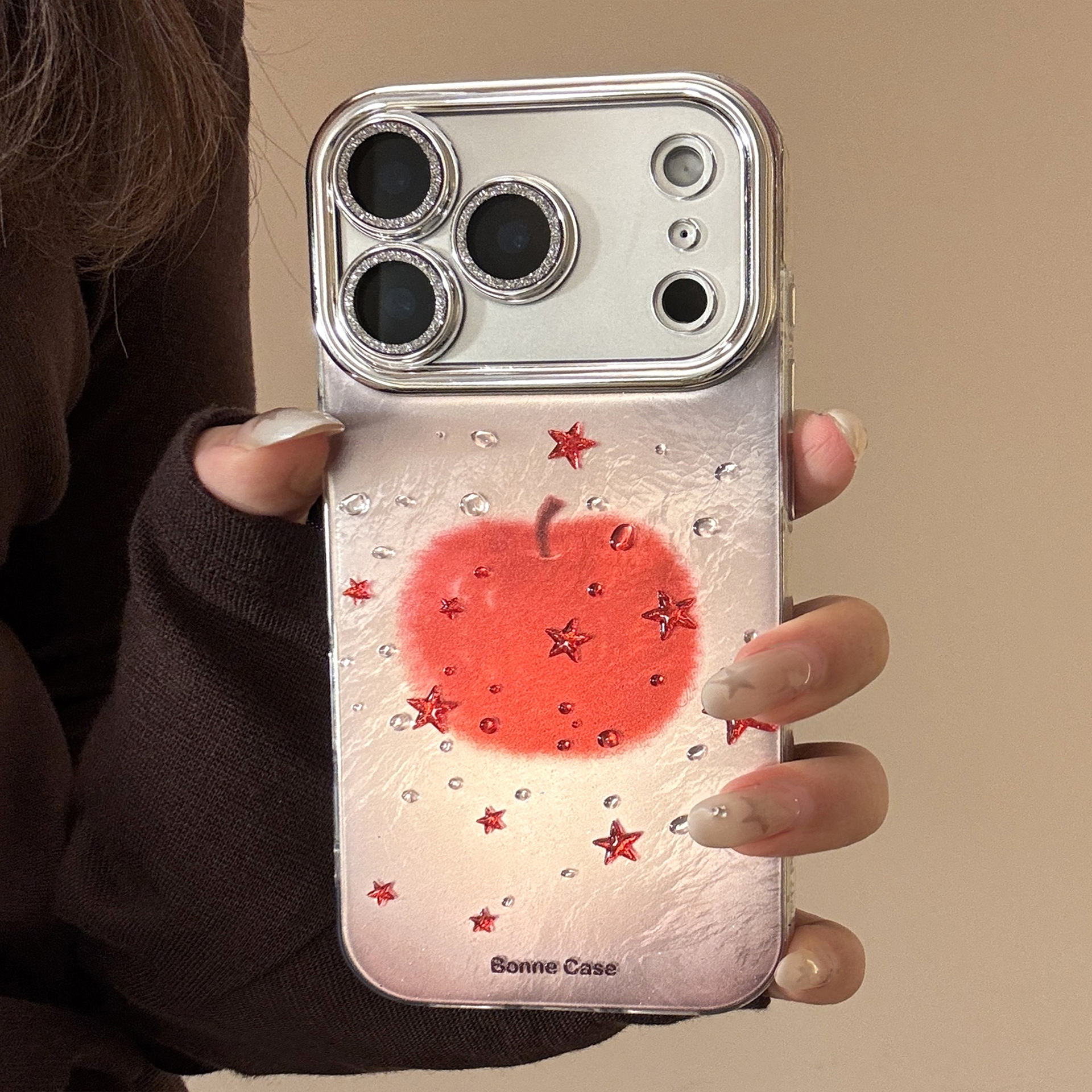 高级感轻奢闪粉星星红苹果手机壳