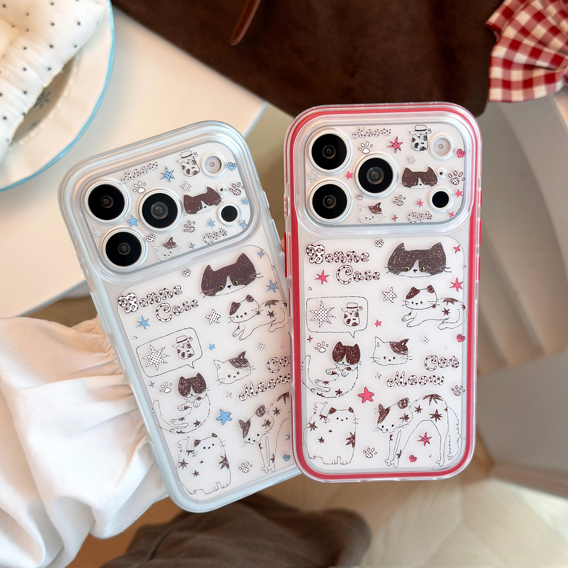 ins韩风可爱卡通猫咪适用iPhone18promax新款苹果18手机壳18PRO透明全包17PM女款透明16触控相机键全包17软套
