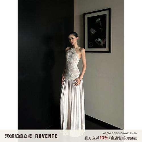 rovente 蕾丝拼接吊带洋装女夏气质名媛高级感收腰露背无袖长裙