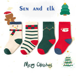 儿童袜子秋冬季 加厚0—6月新生婴儿保暖袜冬天纯棉无骨宝宝圣诞袜