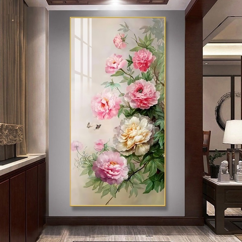 入户门正对门挂画玄关壁画牡丹花玄关装饰画竖版新中式走廊过道挂