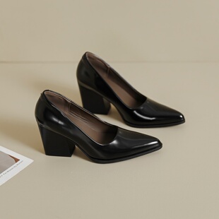 通勤中古黑色高跟鞋 女2026新款 春 7cm复古尖头粗跟不累脚单鞋 羊皮