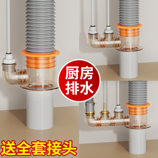 厨房下水管三通接头水槽洗菜盆净水器洗碗机排水管止逆阀防臭神器