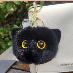 精品仿毛汽车钥匙扣黑猫挂件可爱小黑煤球毛绒公仔玩偶书包包挂饰