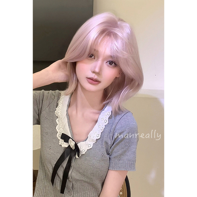 漫真假发香槟粉金女短发前蕾丝