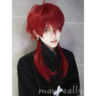 漫真假发狼尾男武士头可扎式cos男女通用枫叶红鲻鱼头仿真全头套