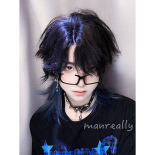 漫真假发狼尾男女同款蓝色挂耳染正太jk中长发卷发前额蕾丝全头套