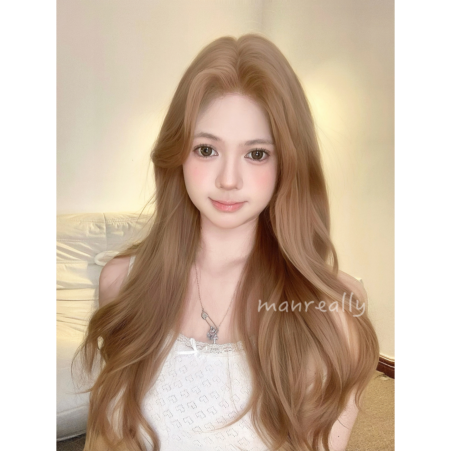 漫真假发奶茶香槟色长卷发甜美自然前蕾丝lolita蓬松氛围感全头套