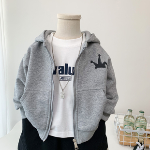 皇冠拉链帽衫 男童秋装 中童时尚 儿童休闲卫衣开衫 连帽外套2025新款