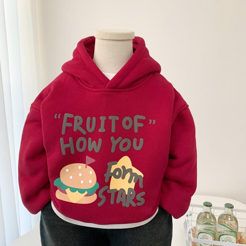 秋冬男童洋气汉堡加绒连帽卫衣潮