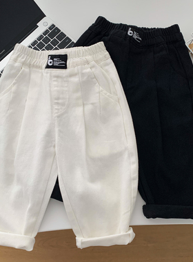 男童白色裤子2025新款春装韩版儿童洋气宽松老爹裤宝宝棉布休闲裤