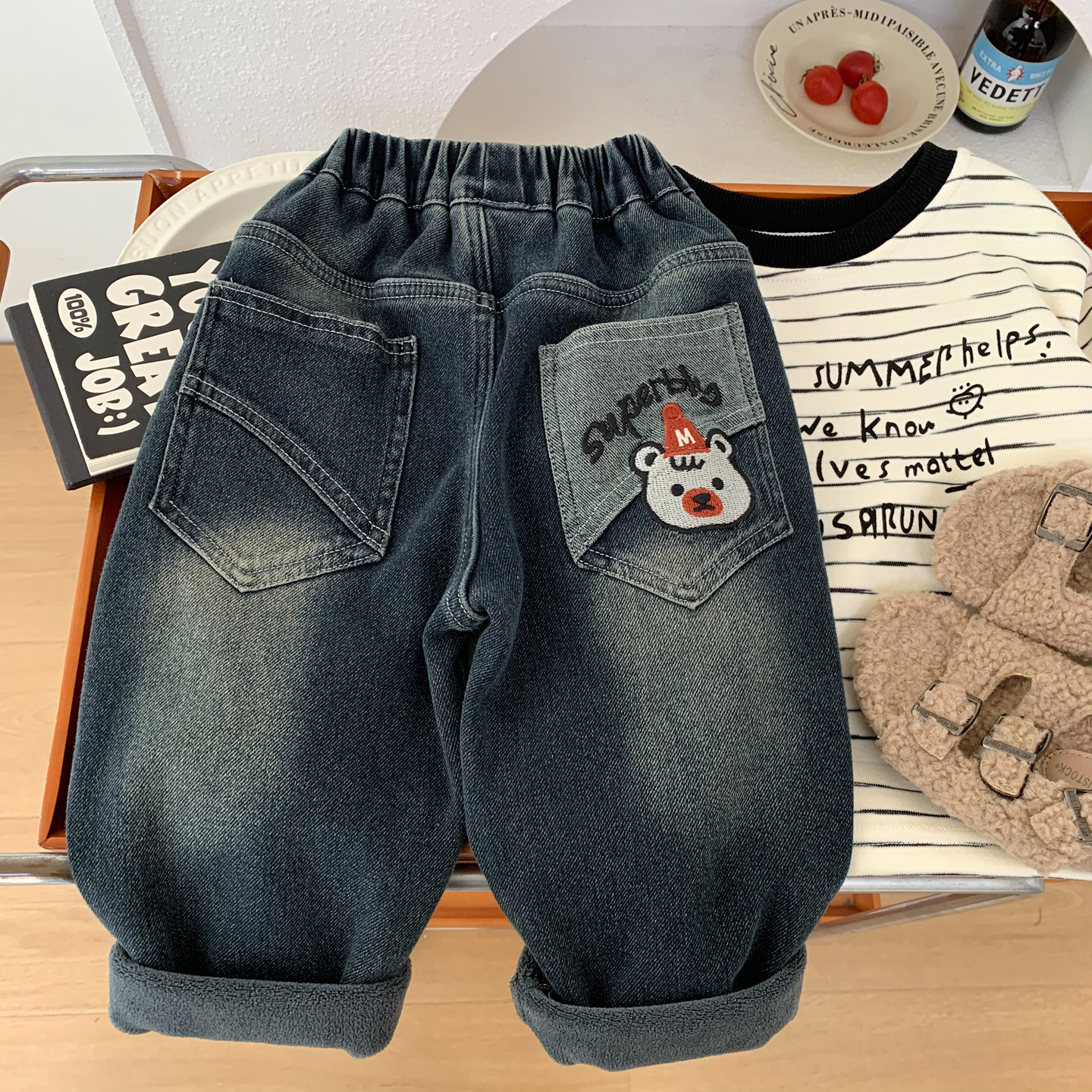 柔软弹力~中小童加绒牛仔裤冬季