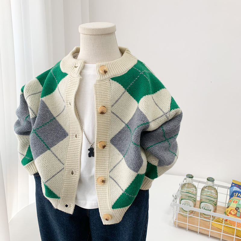 男童开衫毛衣洋气中小童春秋装外套儿童韩版时尚菱形针织衫百搭潮