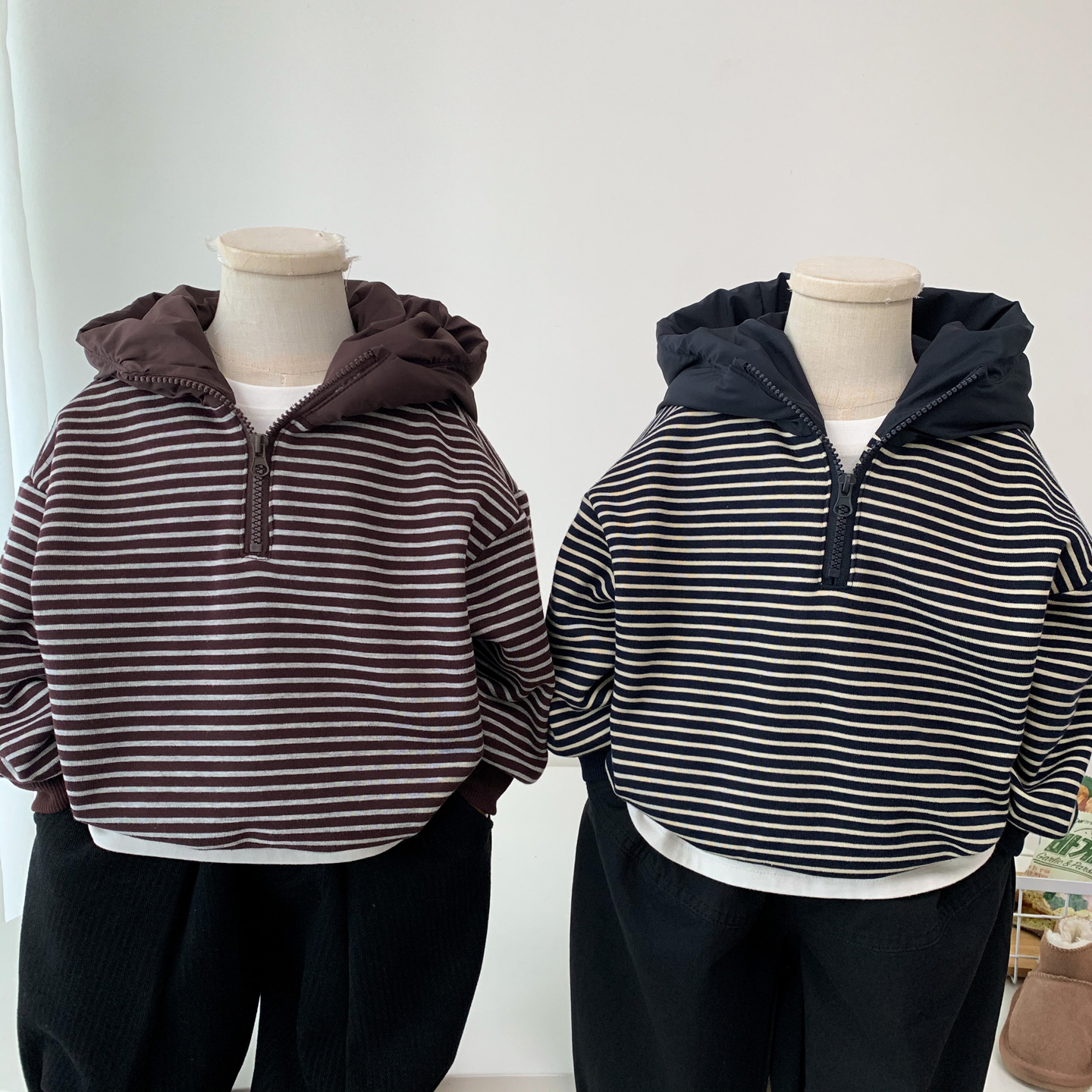 中小童秋冬条纹连帽卫衣加绒上衣