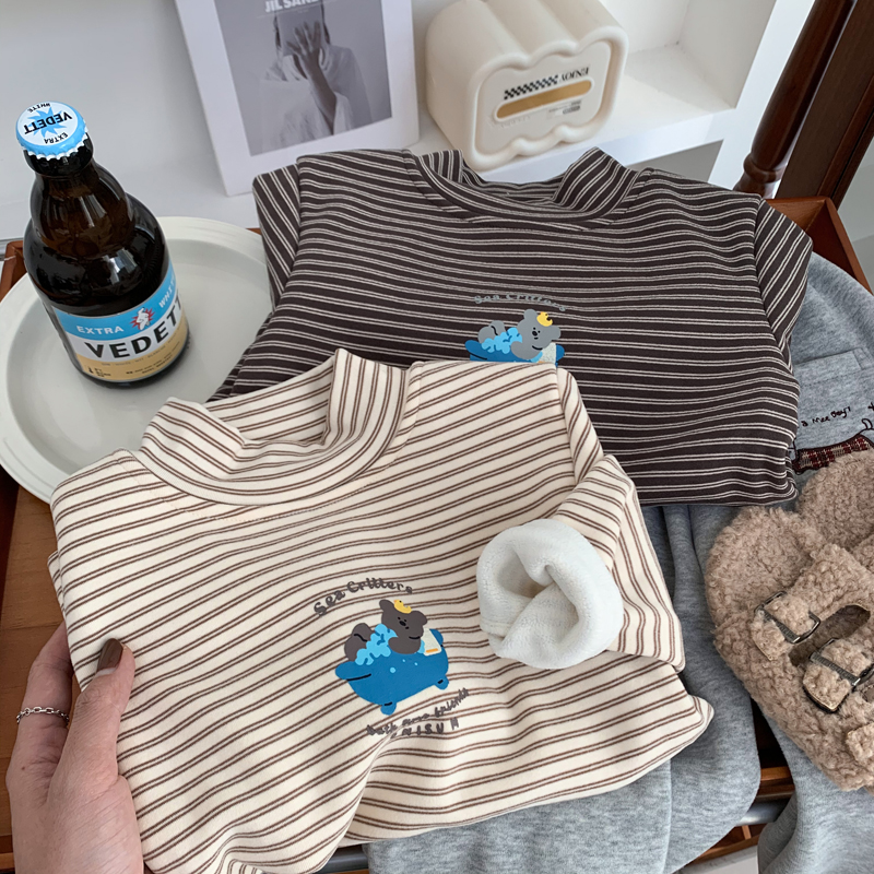 小男童冬季百搭条纹一体绒打底衫