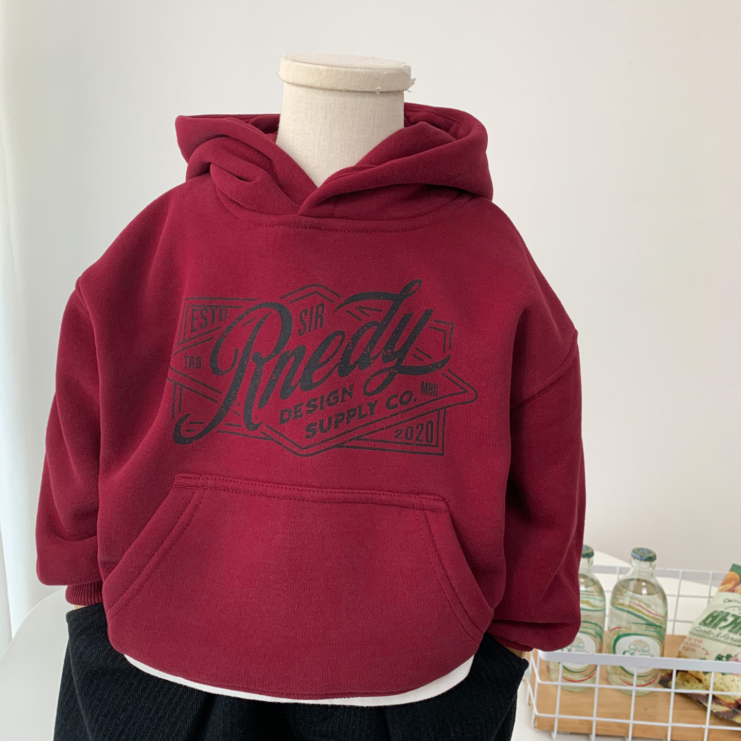 秋冬装男孩红色喜庆加绒连帽卫衣