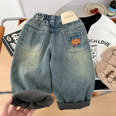 男女童一体绒牛仔裤洋气阔腿裤潮