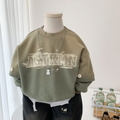 小男孩纯棉柔软上衣 复古做旧中小童帅气休闲套头衫 男童春秋装 时尚